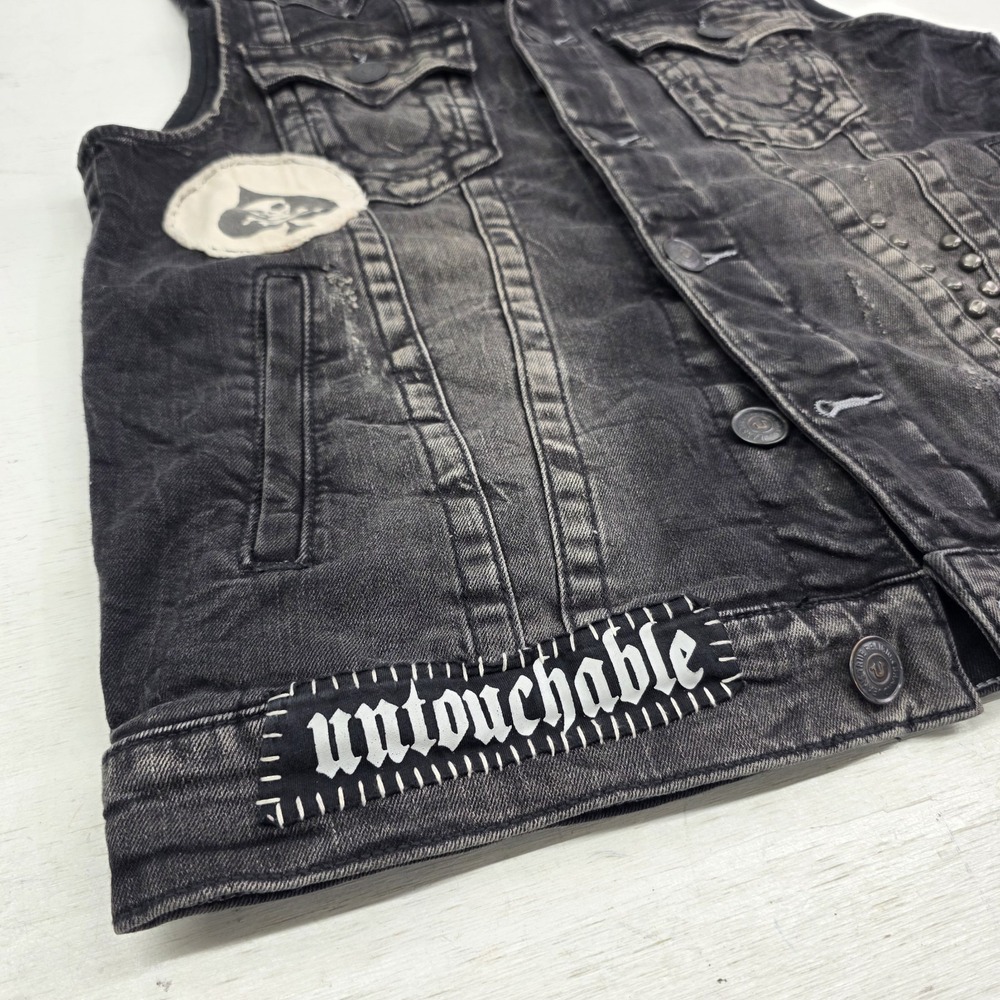 True Religion Distressed Jimmy Western Denim Vest Jacket Black Concrete Men's S - Picture 3 of 16